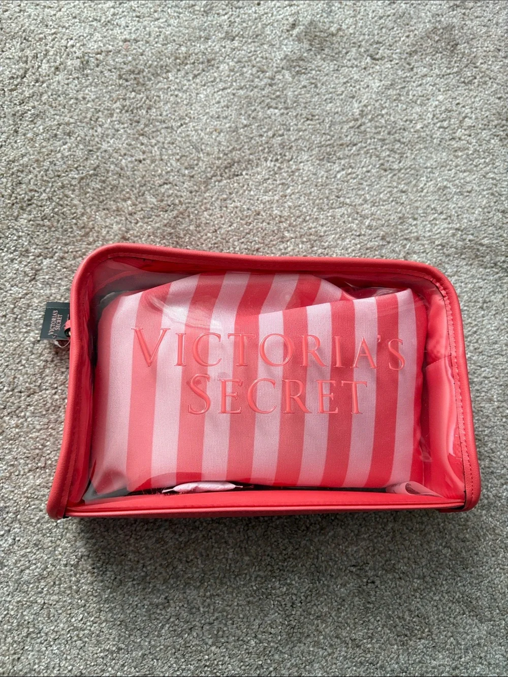 Victoria's Secret Coral and Pink Striped Travel Pouch Set